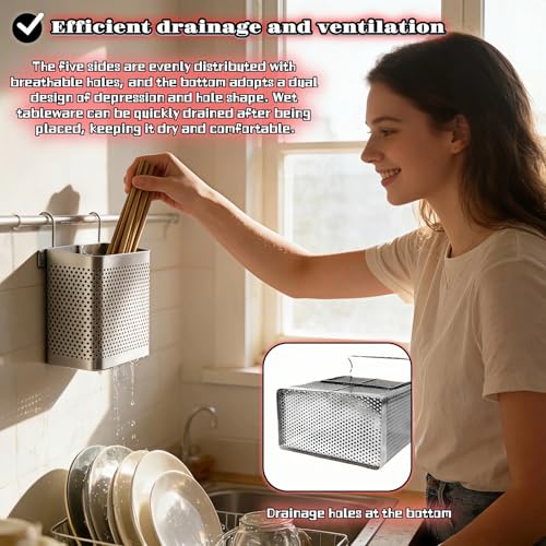 Stainless Steel Utensil Holder with Hooks - 2 Compartment Cutlery Organizer