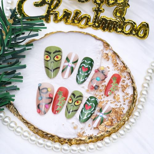 Christmas Press on Nails Medium Almond Fake Nails 30Pcs Xmas Rhinestone