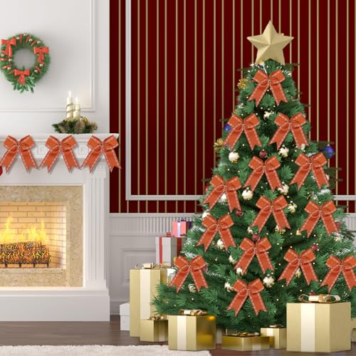 Mexican Christmas Ornaments Set - 12 Pre-Tied Barro Ribbon Bows for Holiday Decor