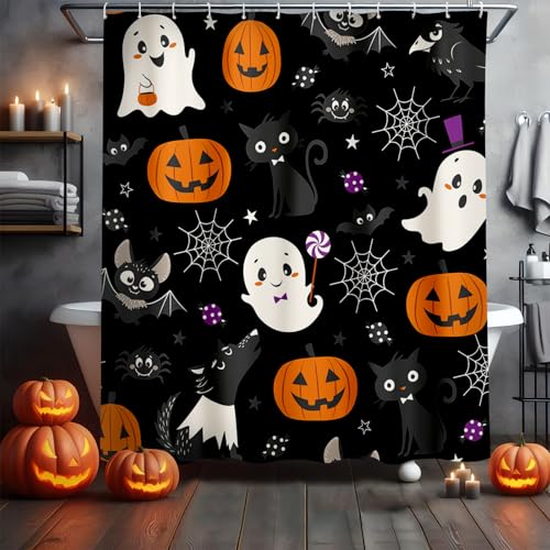 MEHOFOND Black Halloween Shower Curtain - Skull & Bat Design, 72x72 in