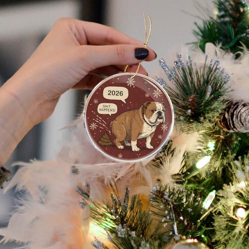 Funny Pooping Bulldog Christmas Ornament - 3.6 in Acrylic Gag Gift