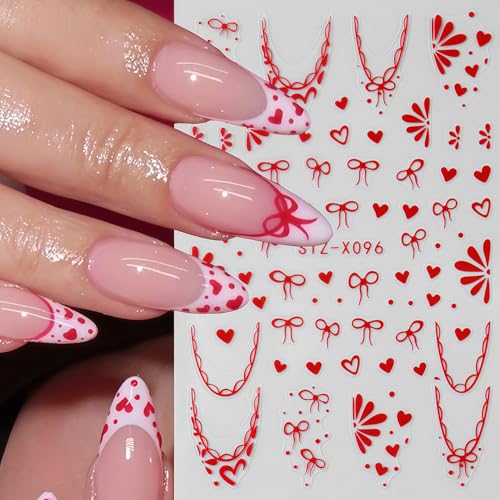 Valentine's Nail Art Stickers 6 Sheets 3D Red Pink Hearts & Bows Decals