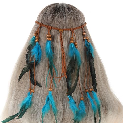 Guduling Blue Feather Indian Headband Boho Hippie Hair Accessory