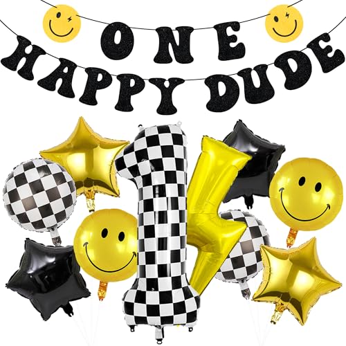 24 Pcs One Happy Dude Birthday Balloon Kit - Modern Black, Gold & Checkered Party Decorations