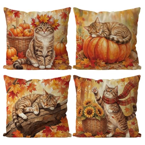 GAGEC Fall Cat Pillow Covers Set of 4, 18x18 inch Autumn Decor