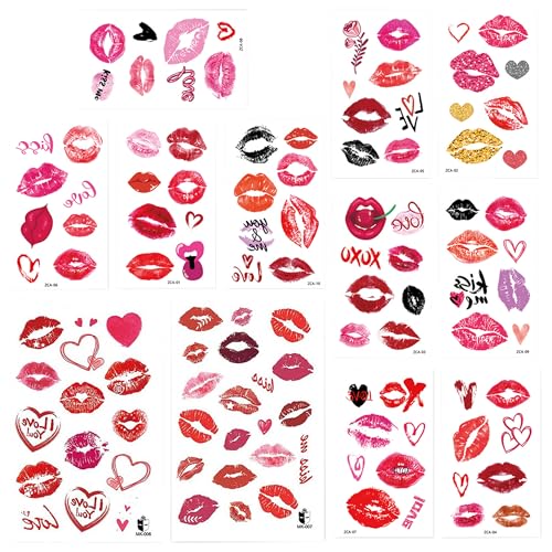 KYLELOVE Lip Temporary Tattoo 12 Sheets - Red Heart & Kiss Face Stickers