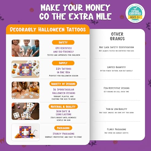Decorably Halloween Temporary Tattoos for Kids 224 Pcs 56 Sheets Non-Toxic
