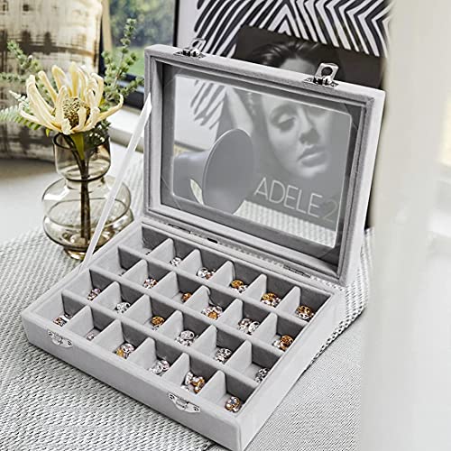 Velvet Jewelry Organizer Tray with Glass Lid 24 Compartments for Rings Earrings