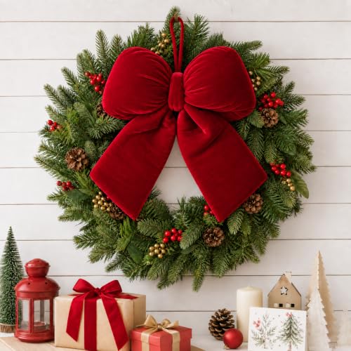 Allyix Christmas Red Velvet Large Bow - 13 x 11.4 Inch Holiday Decor