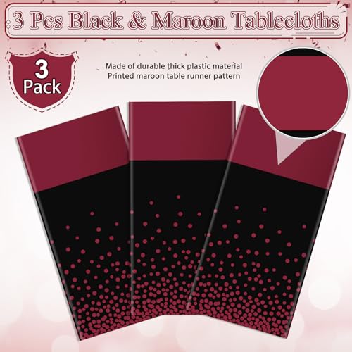 Black and Maroon Tablecloths - 3 Pack Disposable Party Covers 54x108"