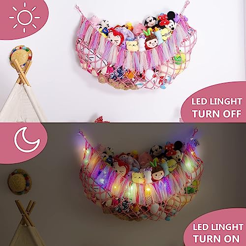 Amdermi Jumbo Boho Macrame Stuffed Animal Hammock with LED Lights - Pink