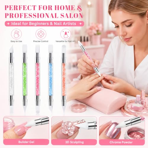 HHOOMY 5 Pcs Dual-Ended Silicone Nail Art Brushes with Crystal Handles