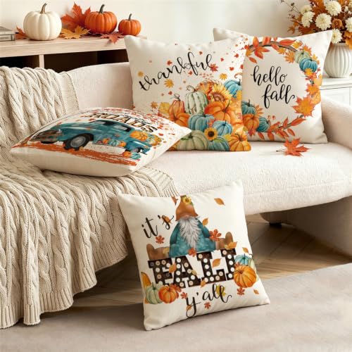 NIGHTWISH Fall Pillow Covers 18x18 (Set of 4) - Pumpkin & Maple Leaf Decor