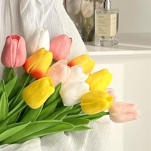 Colorful 15PCS Real Touch Artificial Tulips - 14" Silk Faux Flowers
