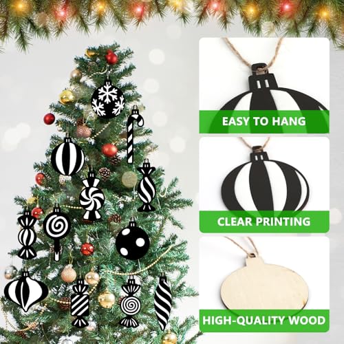 Wooden Christmas Tree Ornaments 24Pcs Candy Lollipop Hanging Decor Black