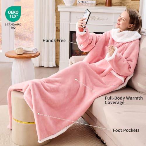 Pink Sherpa Wearable Blanket with Foot Pocket - Oversized Snuggle Robe, 53x69+12 inches