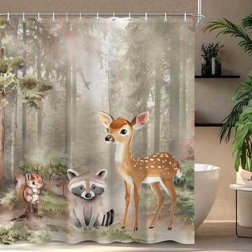 CINEKER Forest Animal Shower Curtain Set - 60x72 Inch Watercolor Woodland