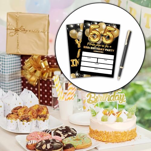 55th Birthday Invitations - Black & Gold, 20 High-Quality Cards