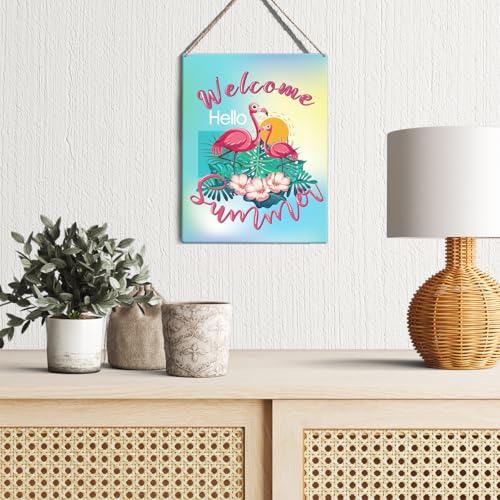 Flamingo Welcome Summer Door Hanger - 8" x 10" Wooden Sign