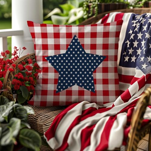 18x18 Patriotic Star Plaid Pillow Covers - Set of 2 for Home Decor