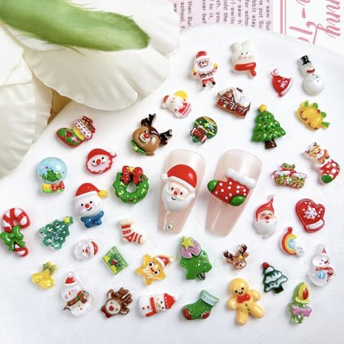 40Pcs Christmas Nail Charms 3D Resin Santa Reindeer Gems