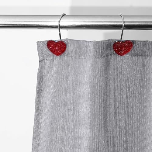 Red Heart Shower Curtain Hooks with Crystal Rhinestones - 12 Pcs