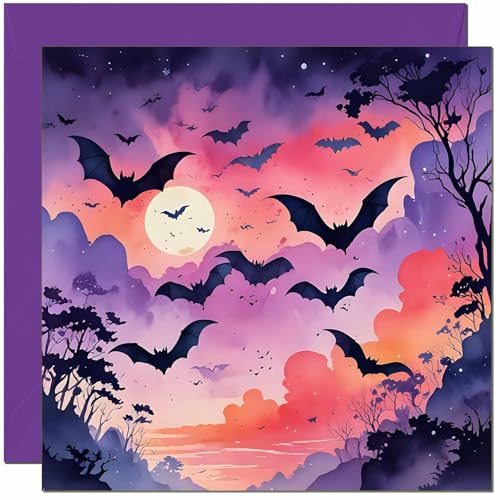 Premium Bat Greeting Card - Eco-Friendly Purple Moon Design