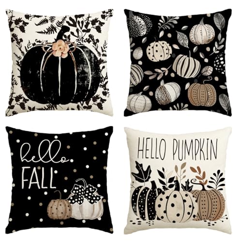 Autumn Hello Pumpkin Throw Pillow Covers - Set of 4, 18x18 Inches