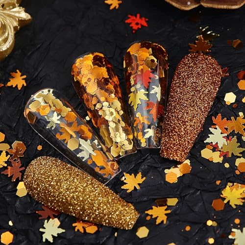 SARATA 6-Grid Maple Leaf Nail Art Glitter Sequins Fall Acrylic Nails Decor