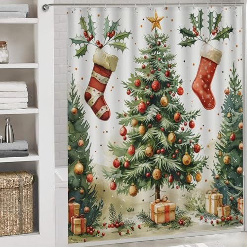 HDESDIS Christmas Pine Tree Shower Curtain Set with Rugs and Toilet Lid Cover - Snowflake Red Sock, 72x72 Inches - Holiday Bathroom Decor
