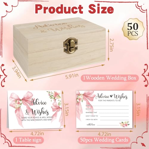 50 PCS Pink Bow Baby Shower Advice Cards with Wooden Keepsake Box