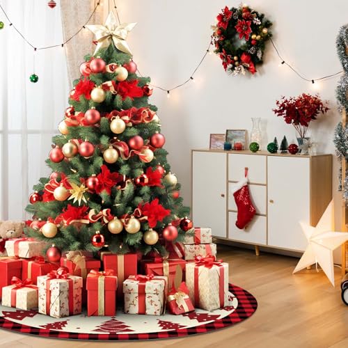 Ethanberg 48 Inch Christmas Tree Skirt, Red and Black Snowflake Xmas Mat