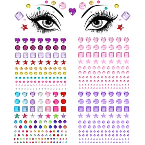 Rainbow Face Gems & Eye Rhinestone Stickers - 4 Sheets Crystal Body Jewels