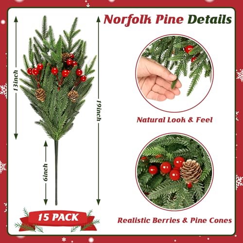 Green 15 Pack Artificial Norfolk Pine Stems with Pine Cones & Red Berries - Christmas Decor