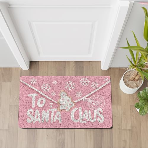 Pink Christmas Doormat - Santa Envelope Welcome Mat, Waterproof Non-Slip Outdoor Door Rug, 17x30 Inches - Pink Envelope-Sq
