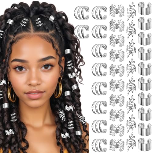 Mabor Silver Hair Cuffs for Braids - 40Pcs Adjustable Metal Dreadlock Rings