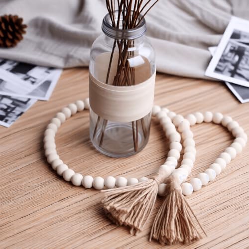 58-Inch Rustic Wood Bead Garland with Tassels for Home Decor