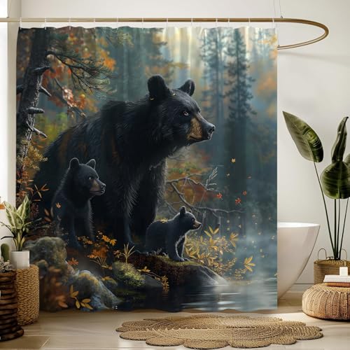 Rustic Black Bear Shower Curtain 70x70 Inches with Hooks
