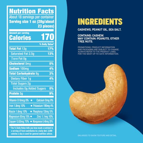 Plantainers Deluxe Salted Whole Cashews 18.25 Oz - Plant-Based Protein, Roasted & Ready to Snack - Pack of 1