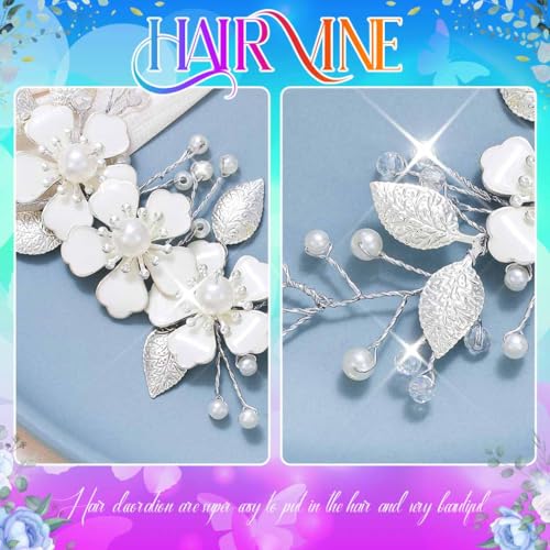 Catery Silver Wedding Hair Vine with Pearls and Crystals for Brides