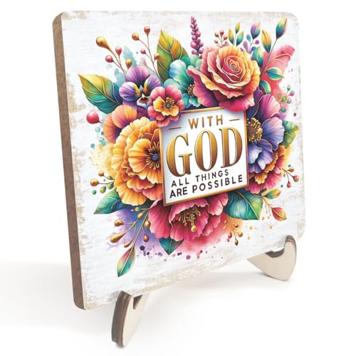 Inspirational Floral Wood Sign for Desk Decor - 5.1" Christian Gift