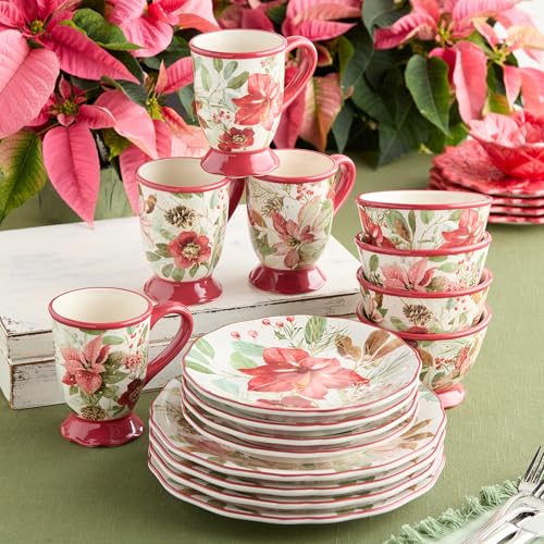 Winter Blooms 16-Piece Holiday Dinnerware Set - Floral Plates, Mugs & Bowls for Christmas