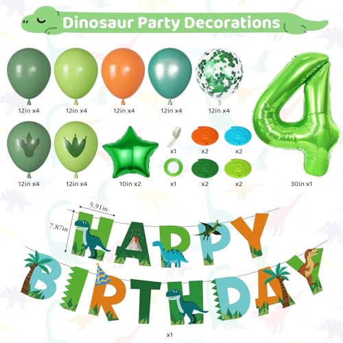 Dinosaur 4th Birthday Party Decorations Set with Balloons & Banner