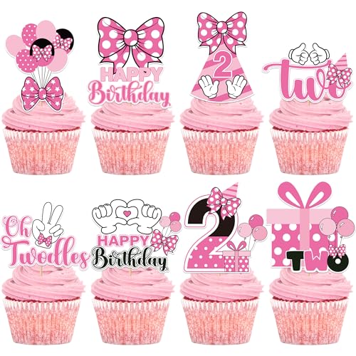 Oh Twodles Cupcake Toppers Set - 24 Pink Mouse Birthday Decorations