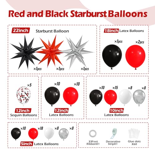 Red and Black Balloon Arch Kit with Silver & White Balloons for Parties