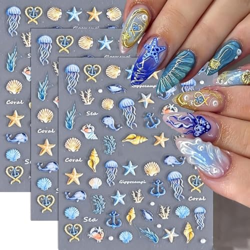 KAICCOSO 5D Embossed Starfish & Shell Nail Stickers - 3 Sheets Summer Beach DIY Manicure Decals
