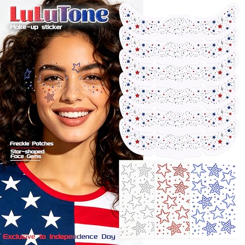 LuLuTone 9 Pcs 4th of July Face Gems and Star Glitter Freckles Tattoos