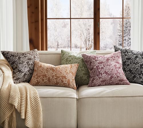 Floral Jacquard Throw Pillow Covers, 18x18 Caramel Cotton Set of 2