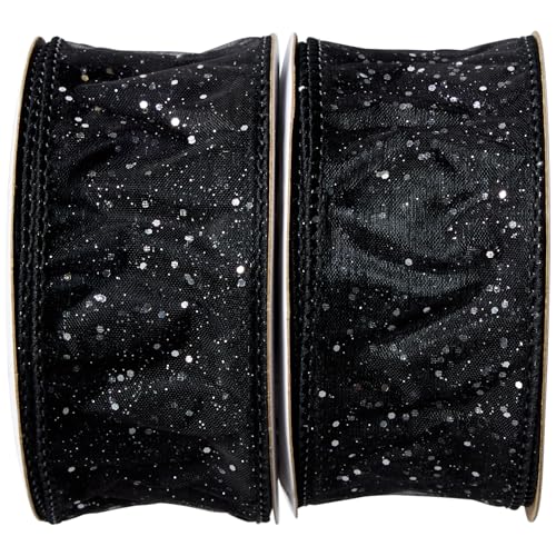 Offray 1.5" Wide Black Wired Cosmic Glitz Ribbon - 2 Spools, 6 Yards Total
