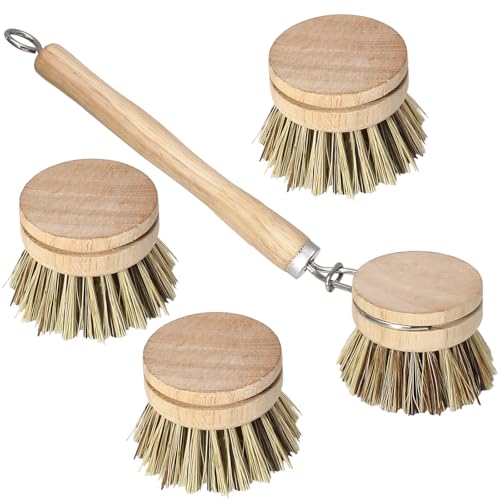 Harskiyer 5-Piece Wood Dish Brush Set with 4 Replaceable Heads